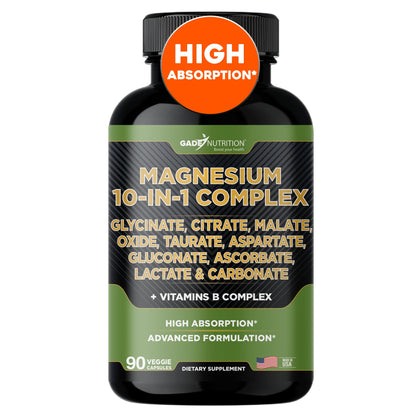 Gade Nutrition Magnesium Complex 10 in 1 - Glycinate, Citrate, Malate, Oxide, Taurate, Aspartate, Gluconate Ascorbate Lactate Carbonate Zinc Copper Manganese & Vitamins 90 Count - Maple Wellness Supplements