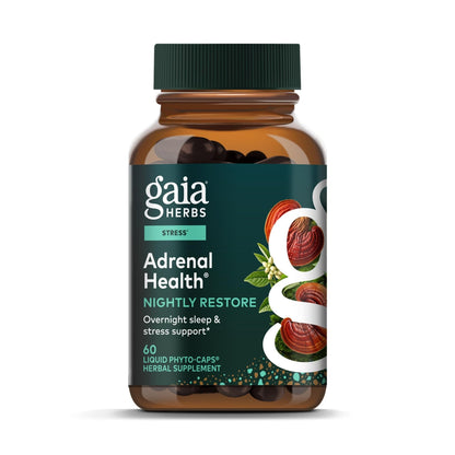 Gaia Herbs Adrenal Health Nightly Restore - Herbal Supplement with Ashwagandha, Magnolia Bark, Cordyceps, Lemon Balm & More* - 60 Vegan Liquid Phyto-Caps (30 Servings) - Maple Wellness Supplements