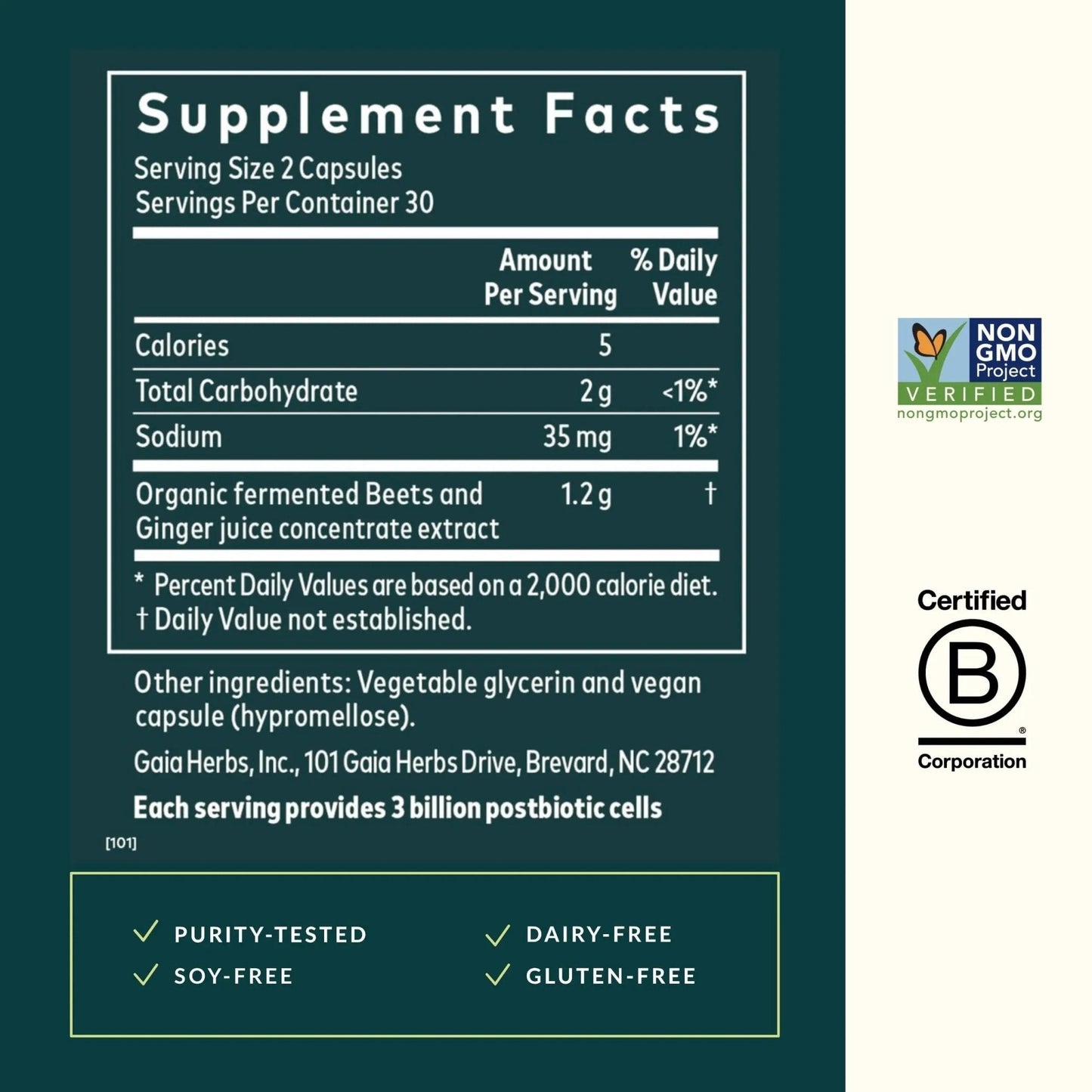 Gaia Herbs Ginger-Beet Postbiotic - Supplement for Gut & Heart Health Support* - Made with Fermented Beets & Ginger - Free from Dairy, Soy & Gluten - 60 Vegan Liquid Phyto-Caps (30 Servings) - Maple Wellness Supplements