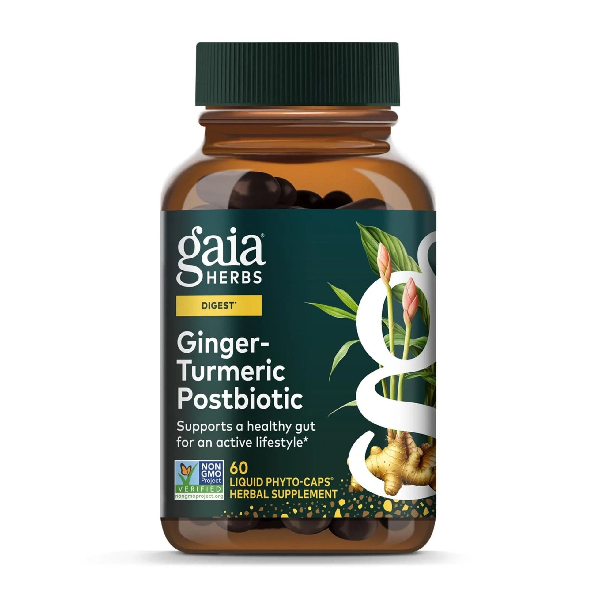 Gaia Herbs Ginger-Turmeric Postbiotic - Healthy Gut Support* - 60 Vegan Liquid Phyto-Caps (30 Servings) - Maple Wellness Supplements