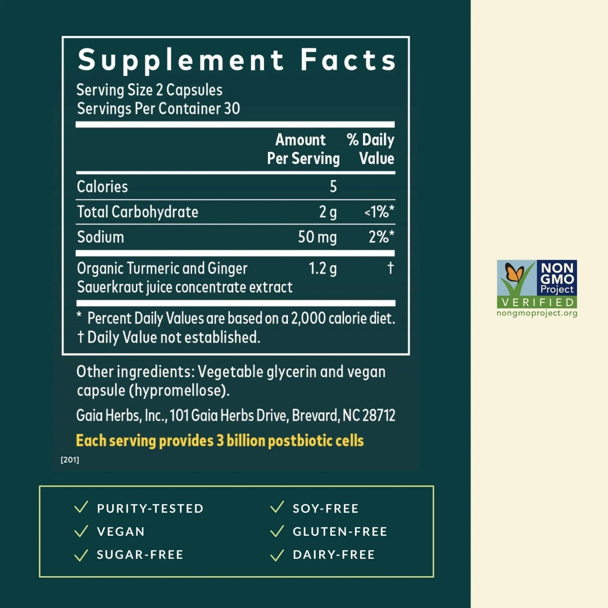 Gaia Herbs Ginger-Turmeric Postbiotic - Healthy Gut Support* - 60 Vegan Liquid Phyto-Caps (30 Servings) - Maple Wellness Supplements