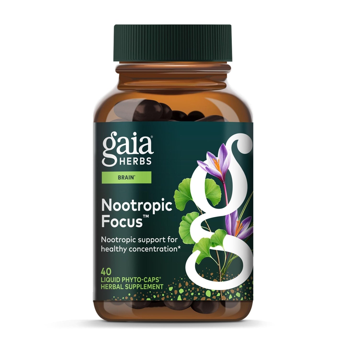 Gaia Herbs Nootropic Focus - Brain & Cognitive Support Supplement to Help Maintain Healthy Concentration* - with Saffron, Lemon Balm & Spearmint - 40 Liquid Phyto-Capsules (20 Servings) - Maple Wellness Supplements