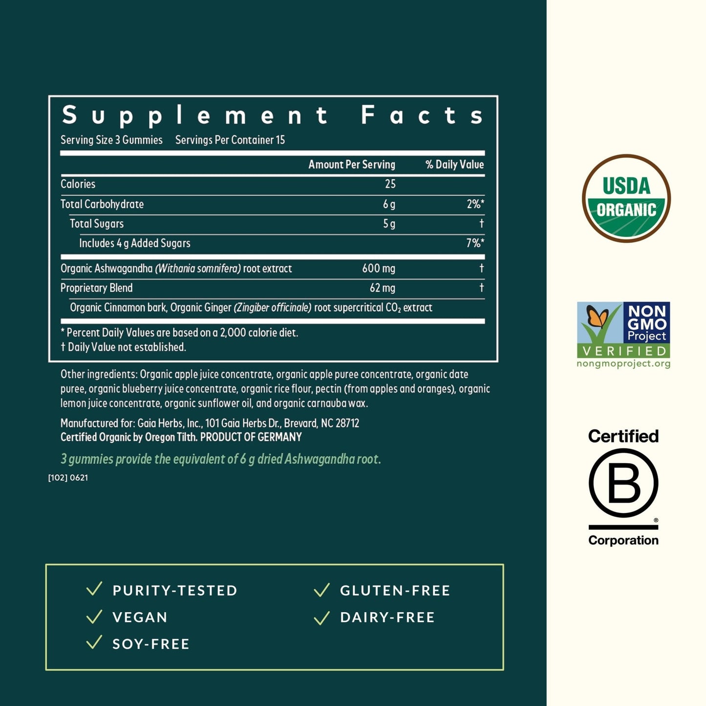 Gaia Herbs Organic Ashwagandha Gummies - Stress Support* - Made with Cinnamon & Ginger - Gluten Free & Vegan - 45 Count (15 Servings) - Maple Wellness Supplements