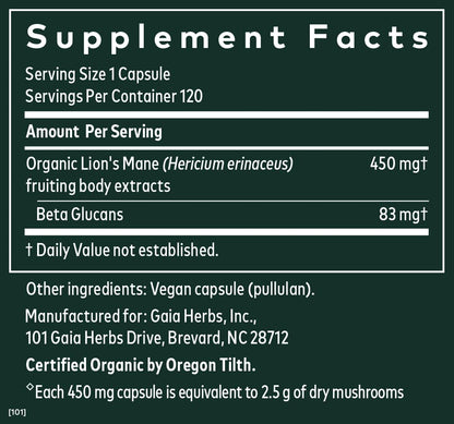 Gaia Herbs Organic Lion’s Mane Mushroom - Brain and Nerve Support Supplement - Maple Wellness Supplements