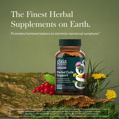 Gaia Herbs Period Cycle Support - Supports Hormone Balance & PMS Relief* - Herbal Supplement with Vitex Berry & Schisandra - Free from Gluten, Dairy & Soy - 60 Vegan Capsules (60 Servings) - Maple Wellness Supplements