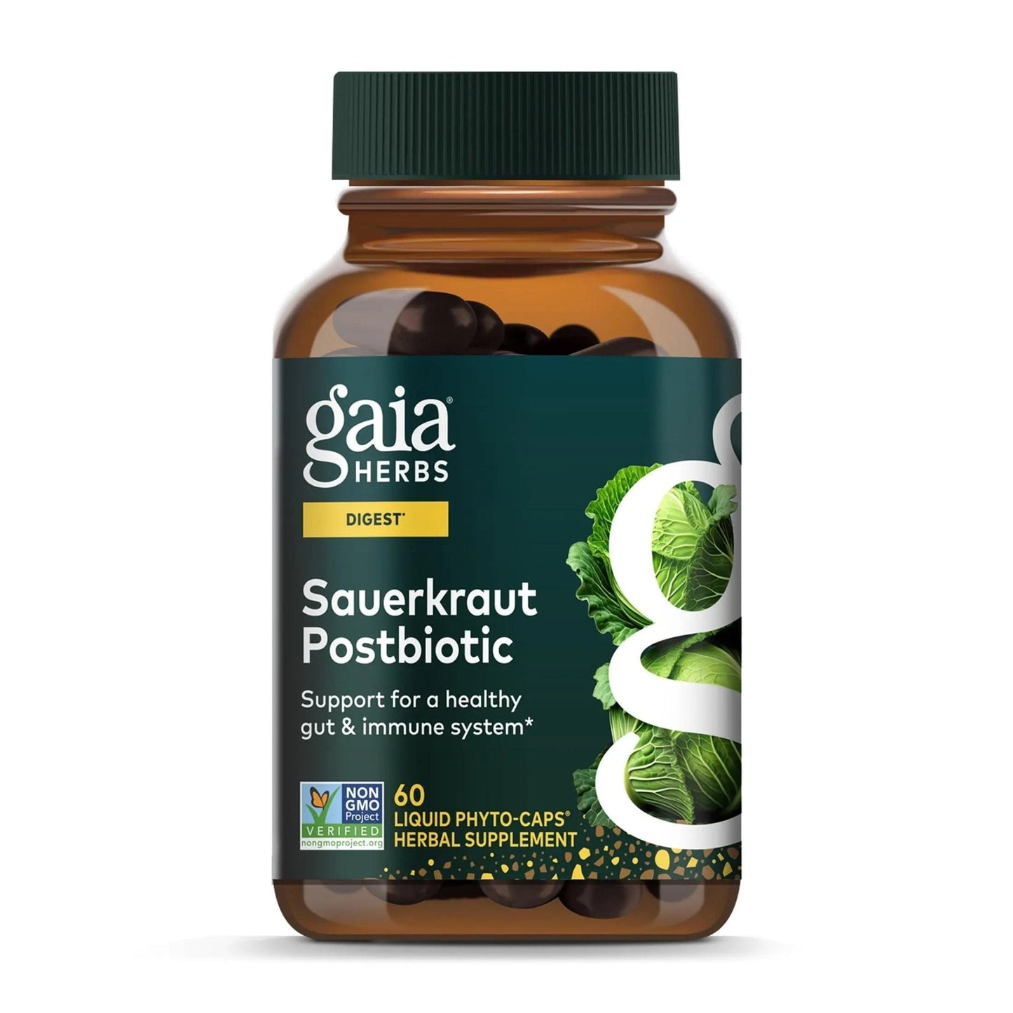 Gaia Herbs Sauerkraut Postbiotic - Gut Health & Immune Support Supplement* - Made with Fermented Sauerkraut - Free from Dairy, Soy & Gluten - 60 Vegan Liquid Phyto-Caps (30 Servings) - Maple Wellness Supplements