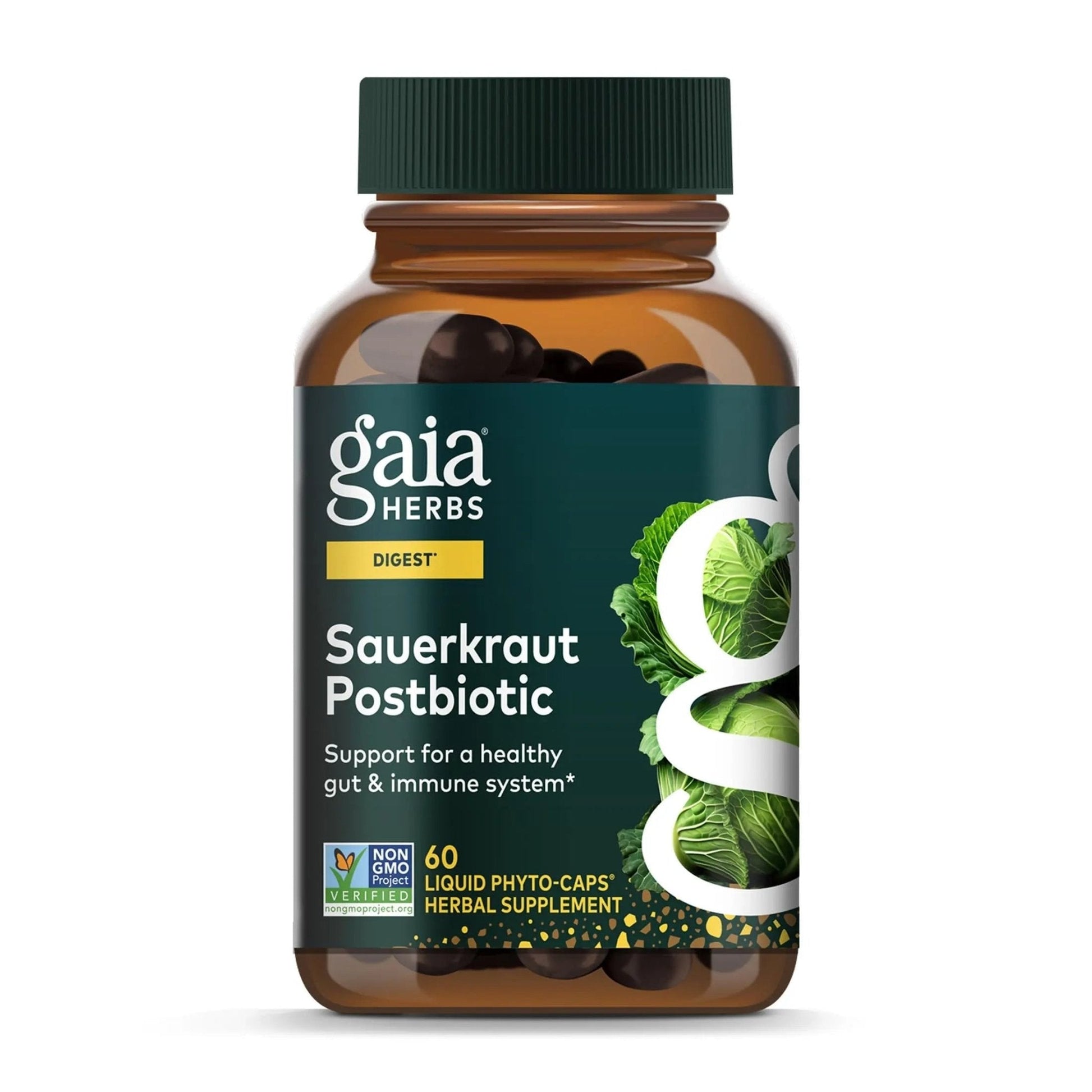 Gaia Herbs Sauerkraut Postbiotic - Gut Health & Immune Support Supplement* - Made with Fermented Sauerkraut - Free from Dairy, Soy & Gluten - 60 Vegan Liquid Phyto-Caps (30 Servings) - Maple Wellness Supplements