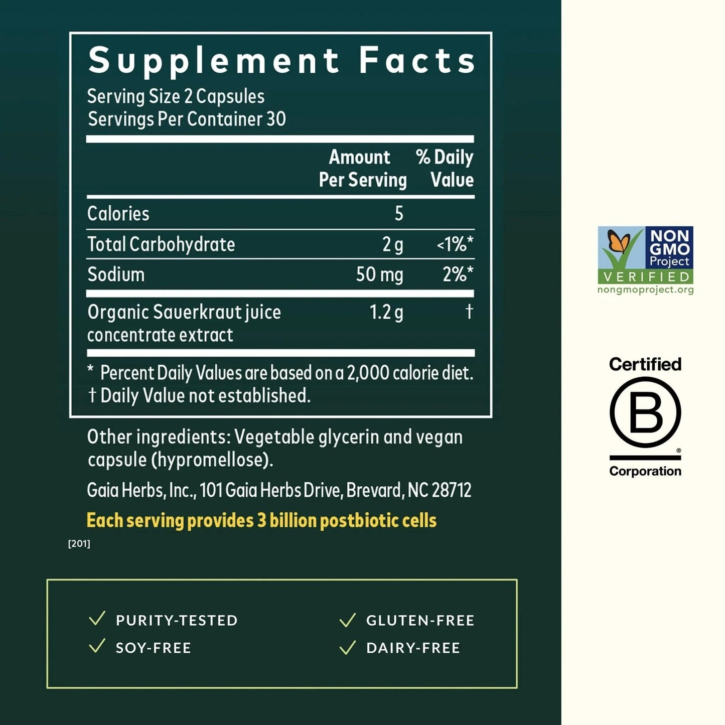 Gaia Herbs Sauerkraut Postbiotic - Gut Health & Immune Support Supplement* - Made with Fermented Sauerkraut - Free from Dairy, Soy & Gluten - 60 Vegan Liquid Phyto-Caps (30 Servings) - Maple Wellness Supplements