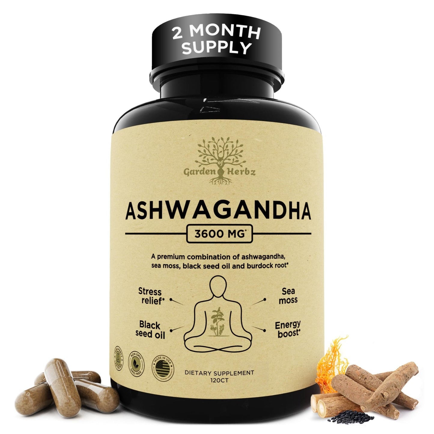 Garden of Herbz Organic Ashwagandha Root & Irish Sea Moss – 3,600 mg Ashwagandha Supplement with Black Seed Oil, & Burdock Root – Herbal Supplement for Energy, Calm, Mood, & Wellness, 120 Caps - Maple Wellness Supplements