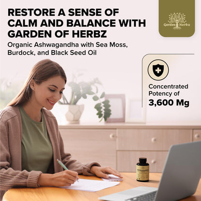 Garden of Herbz Organic Ashwagandha Root & Irish Sea Moss – 3,600 mg Ashwagandha Supplement with Black Seed Oil, & Burdock Root – Herbal Supplement for Energy, Calm, Mood, & Wellness, 120 Caps - Maple Wellness Supplements