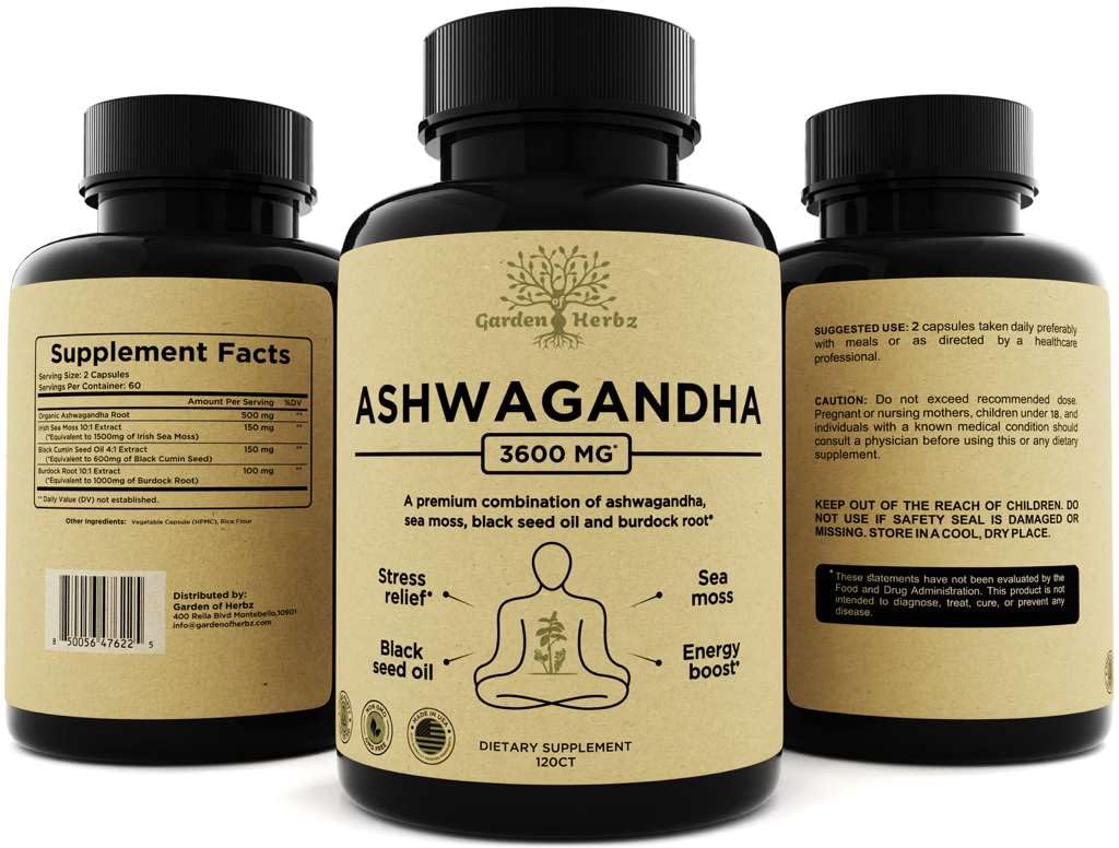 Garden of Herbz Organic Ashwagandha Root & Irish Sea Moss – 3,600 mg Ashwagandha Supplement with Black Seed Oil, & Burdock Root – Herbal Supplement for Energy, Calm, Mood, & Wellness, 120 Caps - Maple Wellness Supplements
