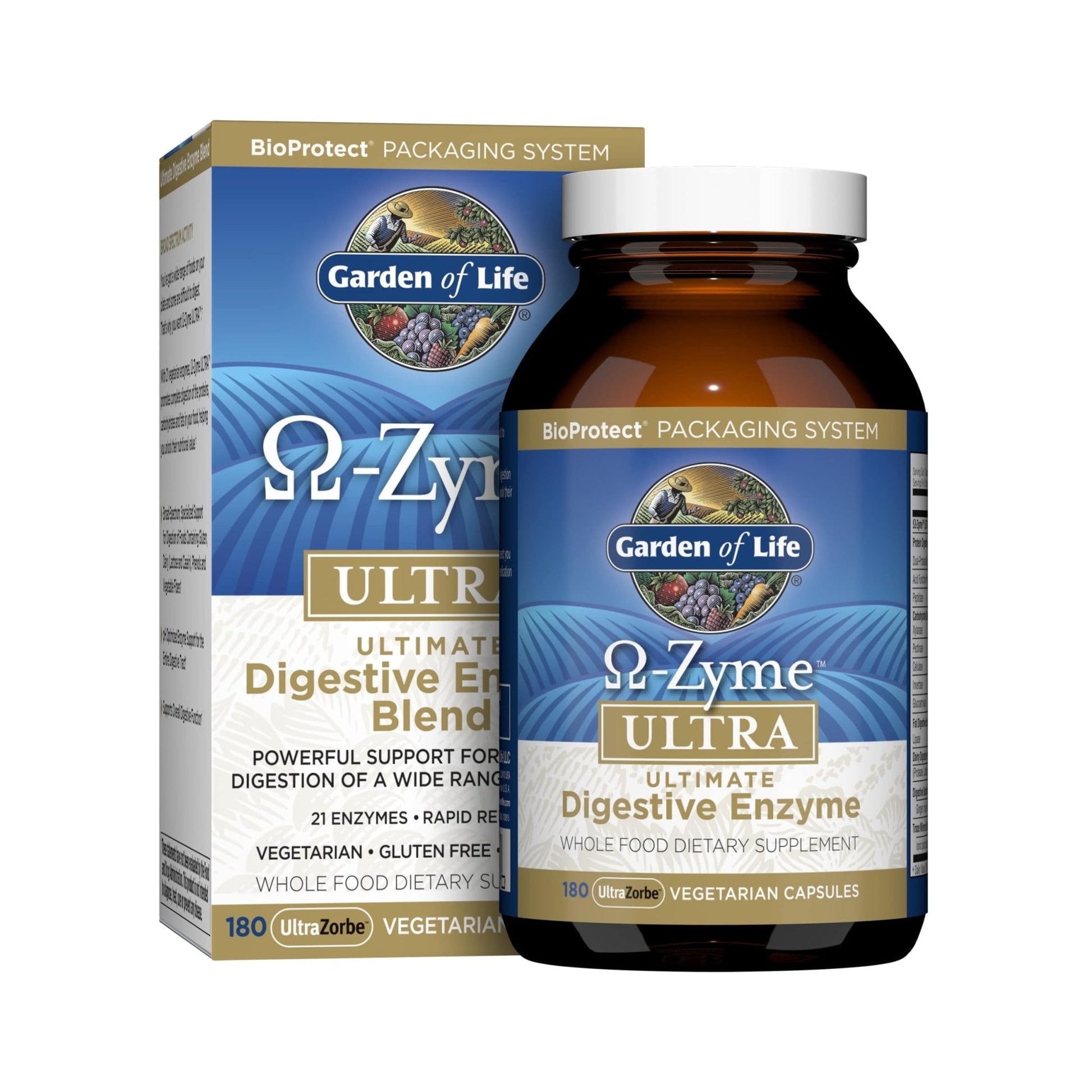 Garden of Life 21 Powerful Digestive Enzymes with Papain, Bromelain, Lipase, Ginger, Turmeric for Complete Digestion of Protein, Carbs & Fats – Omega-Zyme ULTRA, Gluten-Free, Vegetarian, 180 Capsules - Maple Wellness Supplements