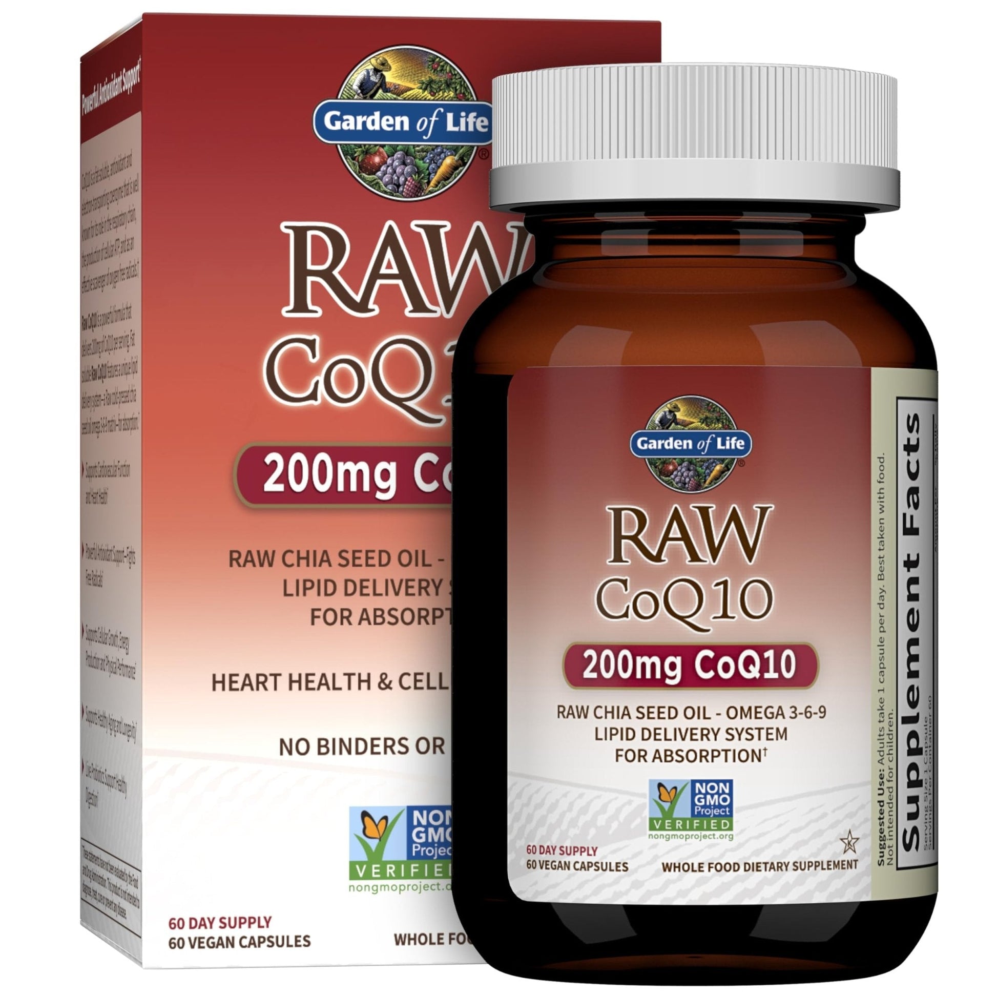 Garden of Life CoQ10 200mg, Vegetarian Omega 3 6 9 Supplement Raw Co Q 10 Chia Seed Oil, Whole Food Nutrition with Antioxidant Support - Maple Wellness Supplements