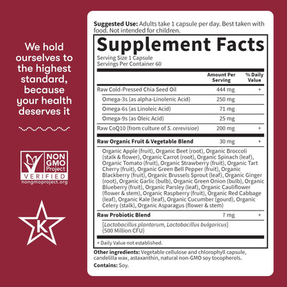 Garden of Life CoQ10 200mg, Vegetarian Omega 3 6 9 Supplement Raw Co Q 10 Chia Seed Oil, Whole Food Nutrition with Antioxidant Support - Maple Wellness Supplements