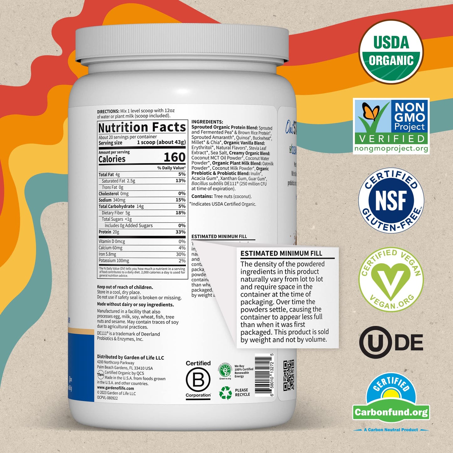Garden of Life Creamy Vanilla Cookie Protein Powder + Oatmilk 20g Organic Vegan Plant - Maple Wellness Supplements