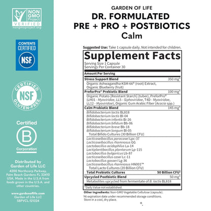 Garden of Life Dr. Formulated Pre, Post & Probiotics Calm 50 Billion CFU Daily 3-in-1 Complete Supplement with Ashwagandha – Mood Support, Digestive & Immune Support, 30 Vegetarian Capsules - Maple Wellness Supplements