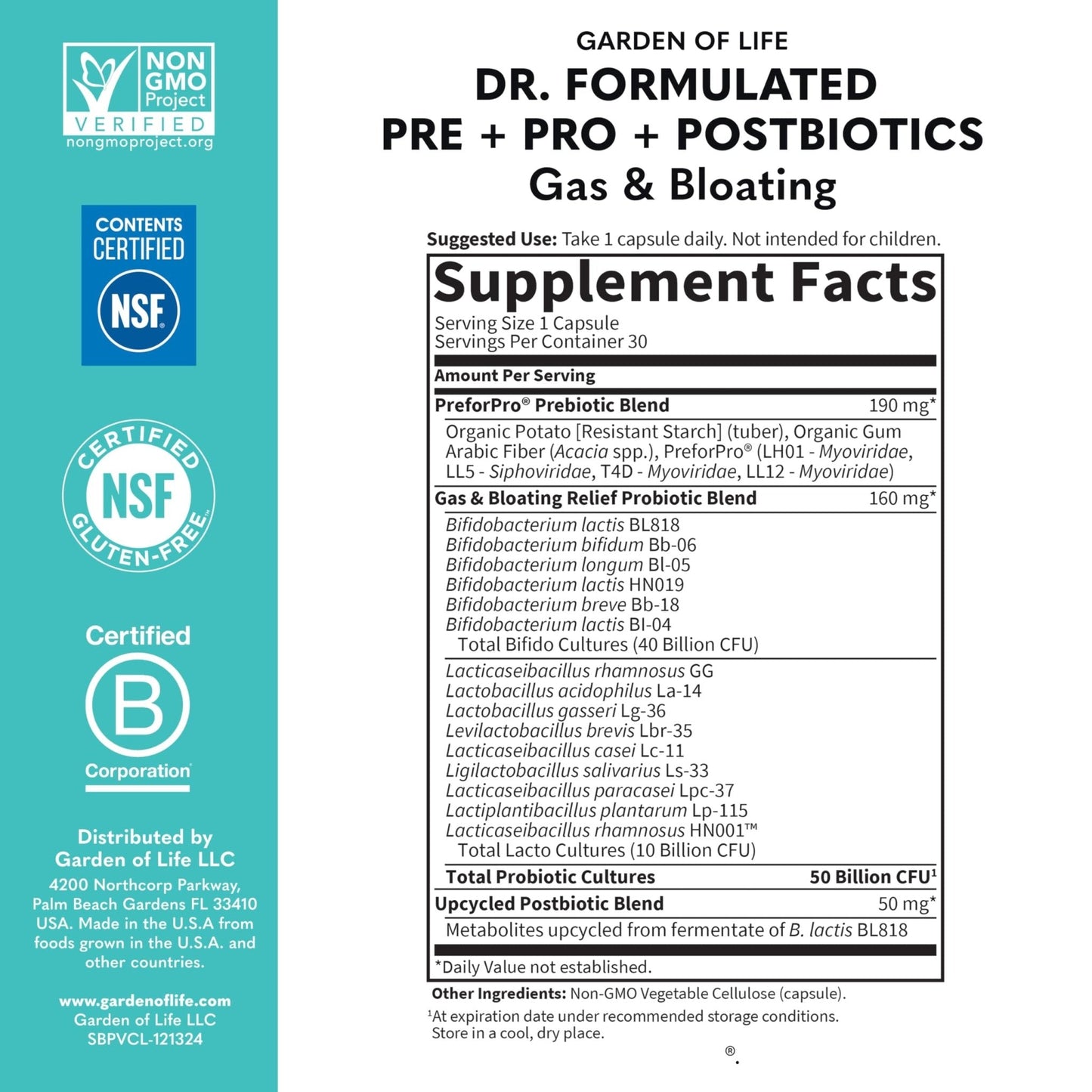 Garden of Life Dr. Formulated Pre, Post & Probiotics Gas & Bloating Once Daily 3-in-1 Complete Prebiotics, Postbiotics & Probiotics – 50 Billion CFU - Maple Wellness Supplements