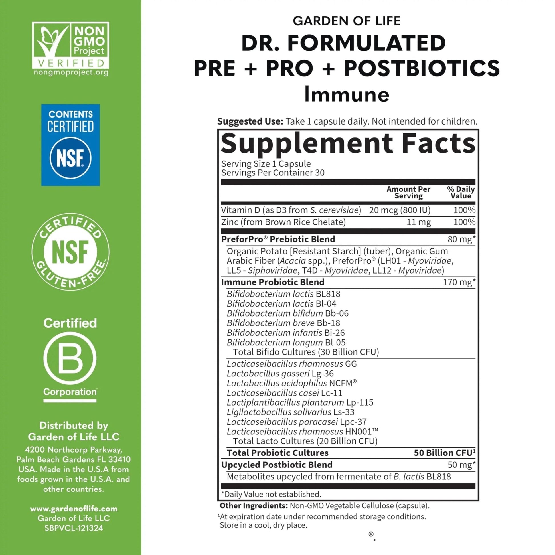 Garden of Life Dr. Formulated Pre, Post & Probiotics Immune Support with Prebiotics & Postbiotics – 50 Billion CFU, Gut & Digestive Health Support, Zinc & Vitamin D3, Vegan, 30 Day Supply - Maple Wellness Supplements