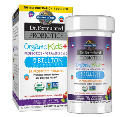 Garden of Life Dr. Formulated Probiotics Organic Kids+ plus Vitamin C & D - Berry Cherry - Gluten, Dairy & Soy Free Immune & Digestive Health Supplement - Maple Wellness Supplements