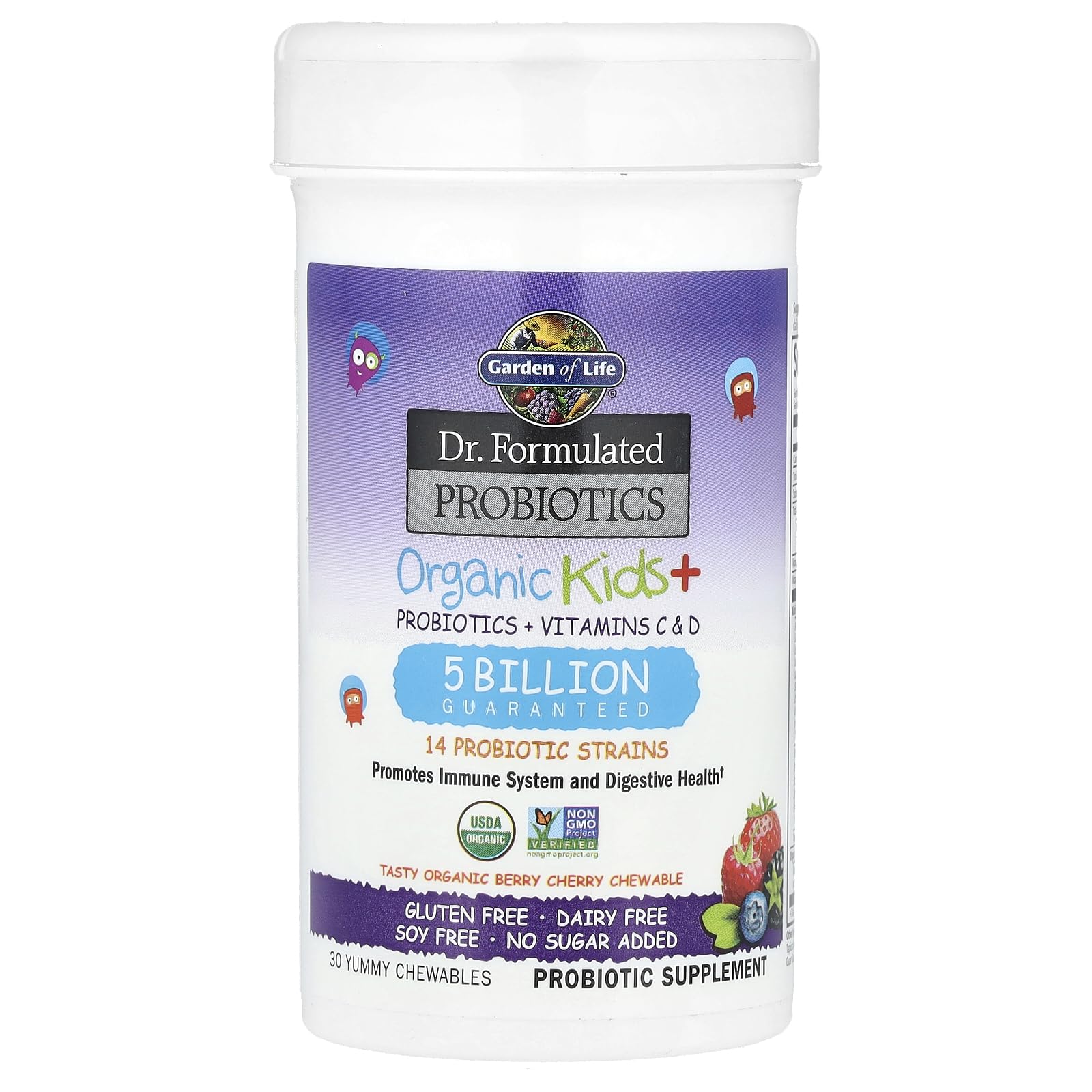 Garden of Life Dr. Formulated Probiotics Organic Kids+ plus Vitamin C & D - Berry Cherry - Gluten, Dairy & Soy Free Immune & Digestive Health Supplement - Maple Wellness Supplements