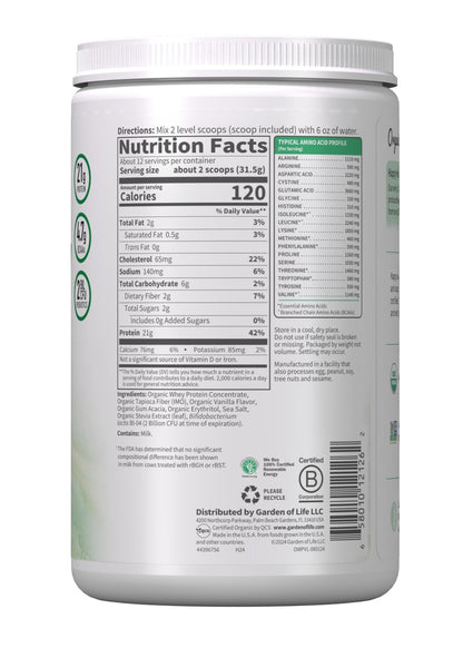 Garden of Life Grass Fed Whey Protein Powder Vanilla - 21g Protein for Women & Men + Probiotics - 12 Servings - Gluten Free, Non GMO, Kosher, Humane, RBST & rBGH Hormone Free - Maple Wellness Supplements