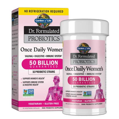 Garden of Life Once Daily Dr. Formulated Probiotics for Women 50 Billion CFU 16 Probiotic Strains with Organic Prebiotics for Digestive, Vaginal & Immune Health, Dairy Free, Shelf Stable 30 Capsules - Maple Wellness Supplements