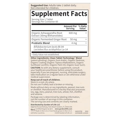 Garden of Life Organic Ashwagandha Supplement with Probiotics & Ginger - Stress, Mood & Energy Support, Vegan, Gluten Free - Maple Wellness Supplements