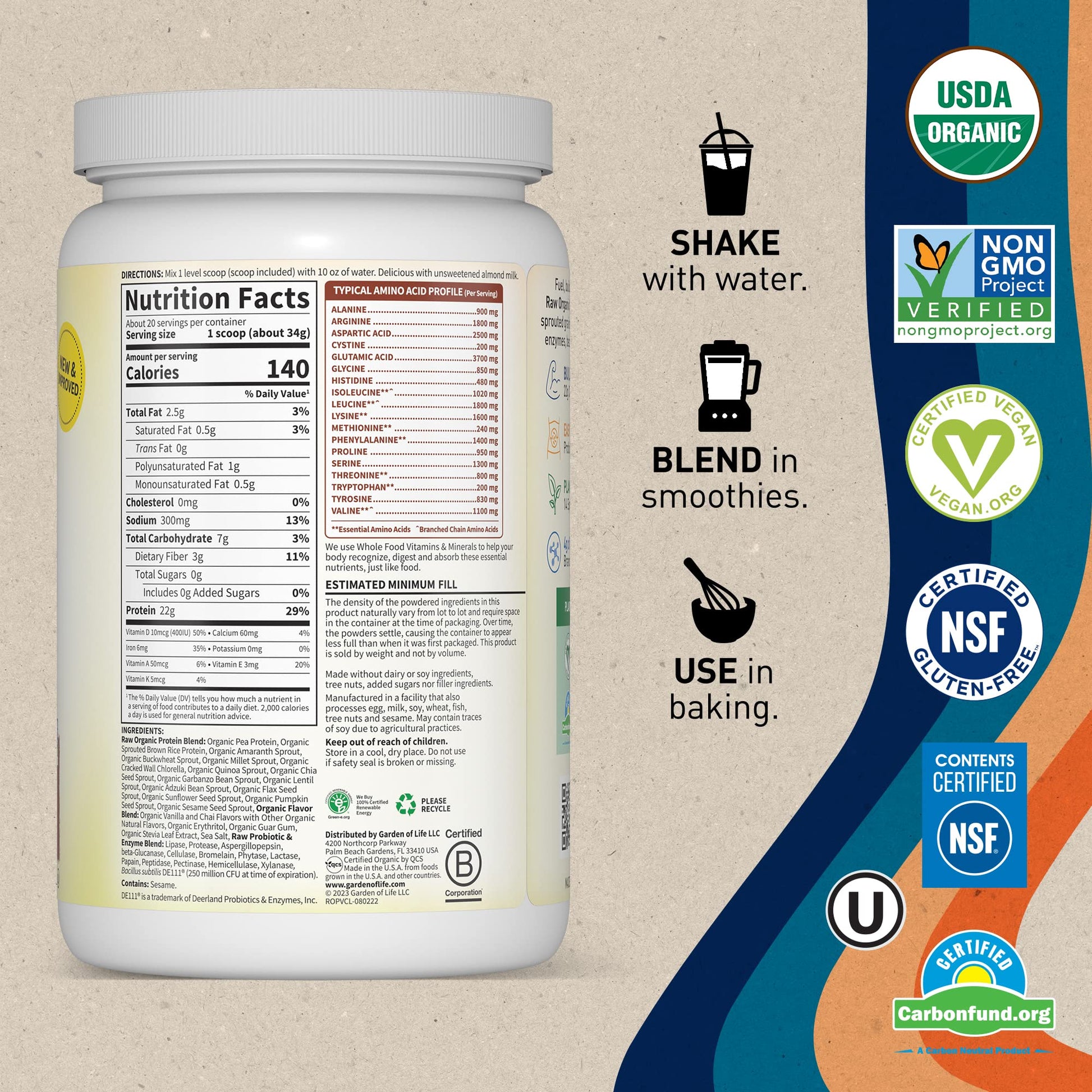 Garden of Life, Organic Vegan Vanilla Chai Protein Powder -22g Complete Plant Based Raw - Maple Wellness Supplements