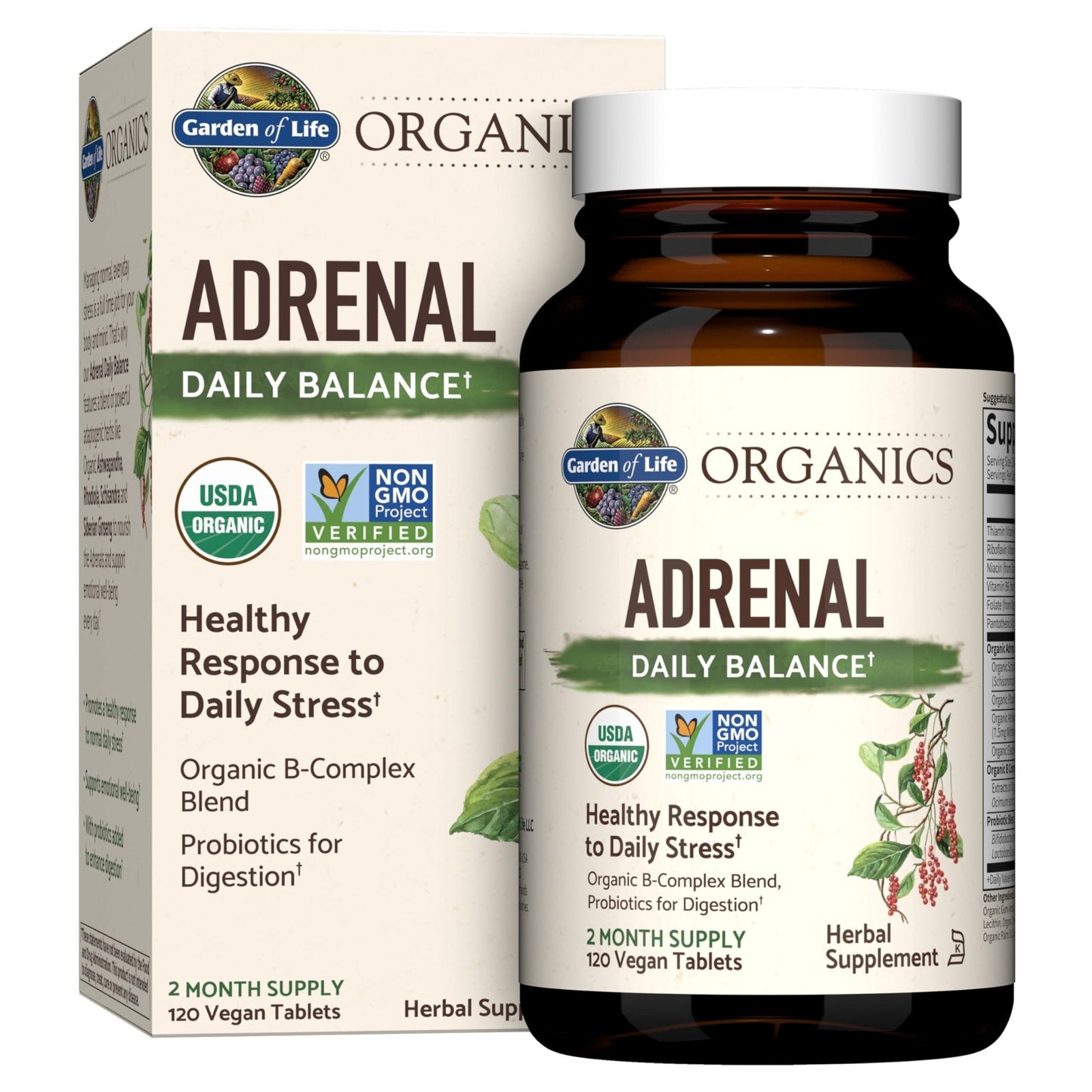 Garden of Life Organics Adrenal Daily Balance, Adaptogenic Herbs Ashwagandha, Holy Basil, B Complex & Probiotics, Organic Non-GMO, Vegan, Gluten Free Supplement, Two Month Supply, 120 Tablets - Maple Wellness Supplements