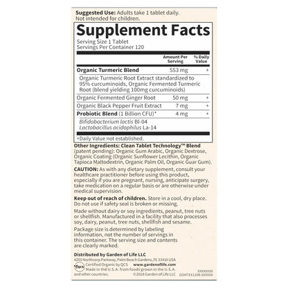 Garden of Life Organics Extra Strength Turmeric Inflammatory Response 120 Tablets-100Mg Curcumin (95% Curcuminoids) Black Pepper, Probiotics, Organic Non-GMO Vegan Gluten Free Herbal Supplement - Maple Wellness Supplements