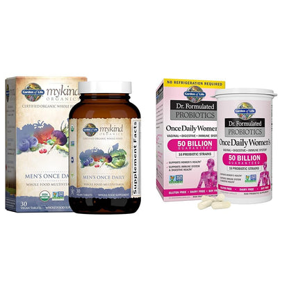 Garden of Life Organics Multivitamin for Men & Dr. Formulated Women's Probiotics Once Daily, 16 Strains, 50 Billion, 30 Capsules - Maple Wellness Supplements