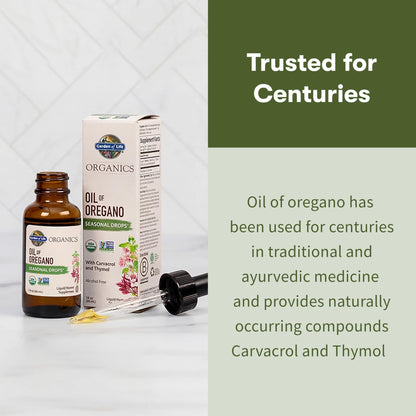 Garden of Life Organics Oil of Oregano Seasonal Drops 1fl oz (30 mL) Liquid, Concentrated Plant Based Immune Support - Alcohol-Free, Organic, Non-GMO - Maple Wellness Supplements