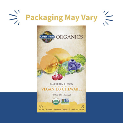Garden of Life Organics Vegan Vitamin D3 Chewable - Raspberry Lemon, 2,000 IU (50mcg) Whole Food Vitamin D3 from Lichen - Maple Wellness Supplements