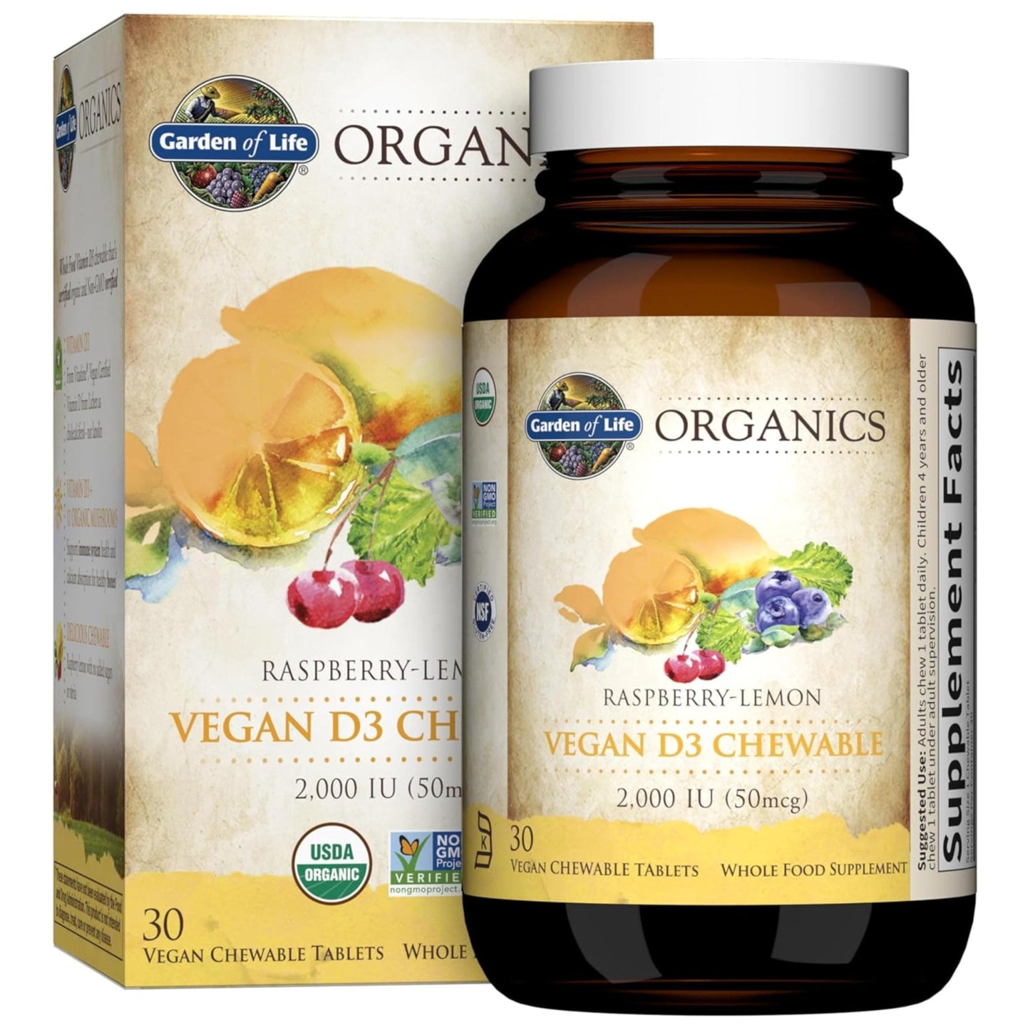 Garden of Life Organics Vegan Vitamin D3 Chewable - Raspberry Lemon, 2,000 IU (50mcg) Whole Food Vitamin D3 from Lichen - Maple Wellness Supplements