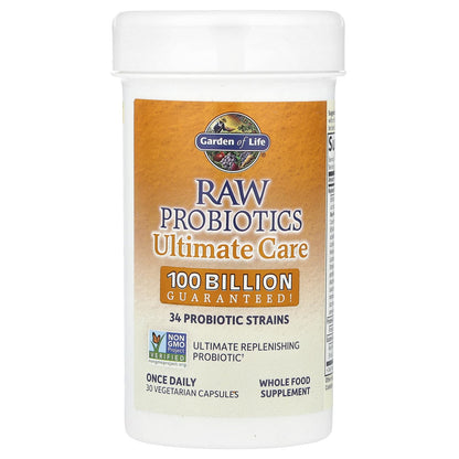 Garden of Life Raw Probiotics for Women and Men with Digestive Enzymes, 100 Billion CFU, Clinically Studied Strains, Shelf Stable, 30 Capsules - Maple Wellness Supplements