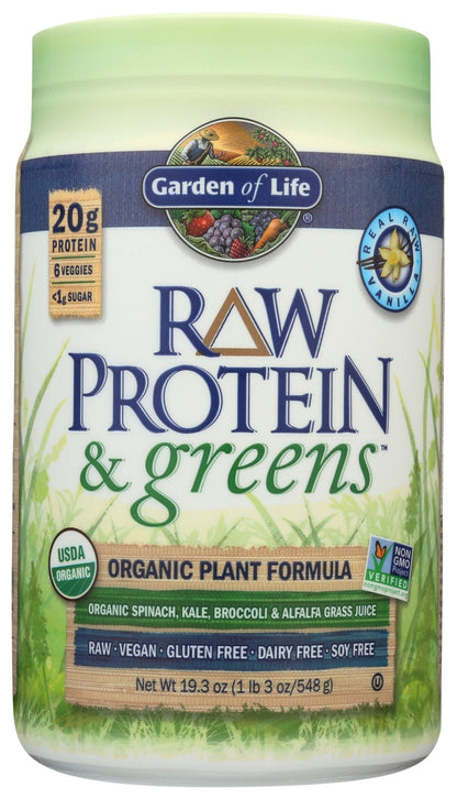 Garden of Life Raw Protein & Greens Vanilla Protein Powder – 20g Plant Based Greens Powder, Probiotics & Enzymes, Post-Workout Recovery, Vegan, Gluten-Free, Non-GMO, 20 Servings - Maple Wellness Supplements