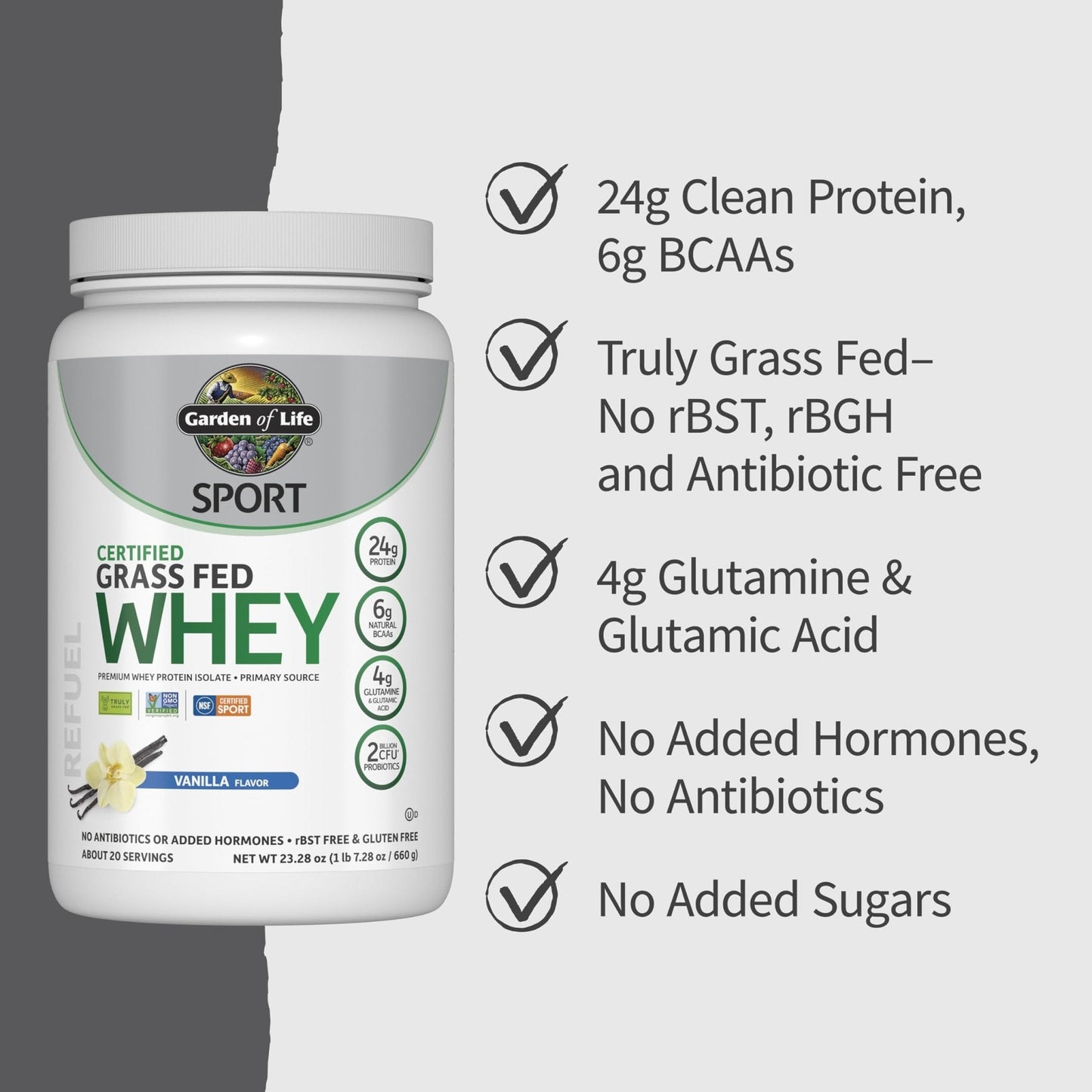 Garden of Life Sport Grass Fed Whey Protein Powder – 24g Whey Protein Isolate for Women & Men with Probiotics & Glutamine, Non-GMO, Gluten-Free, Cold-Processed, Vanilla Flavor, 20 Servings - Maple Wellness Supplements