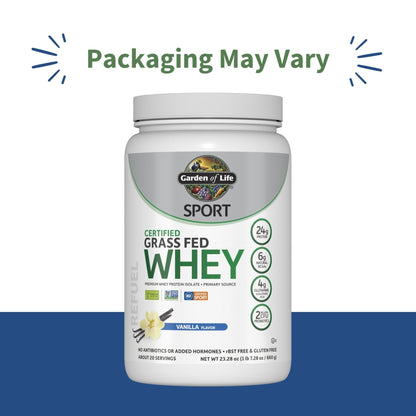 Garden of Life Sport Grass Fed Whey Protein Powder – 24g Whey Protein Isolate for Women & Men with Probiotics & Glutamine, Non-GMO, Gluten-Free, Cold-Processed, Vanilla Flavor, 20 Servings - Maple Wellness Supplements