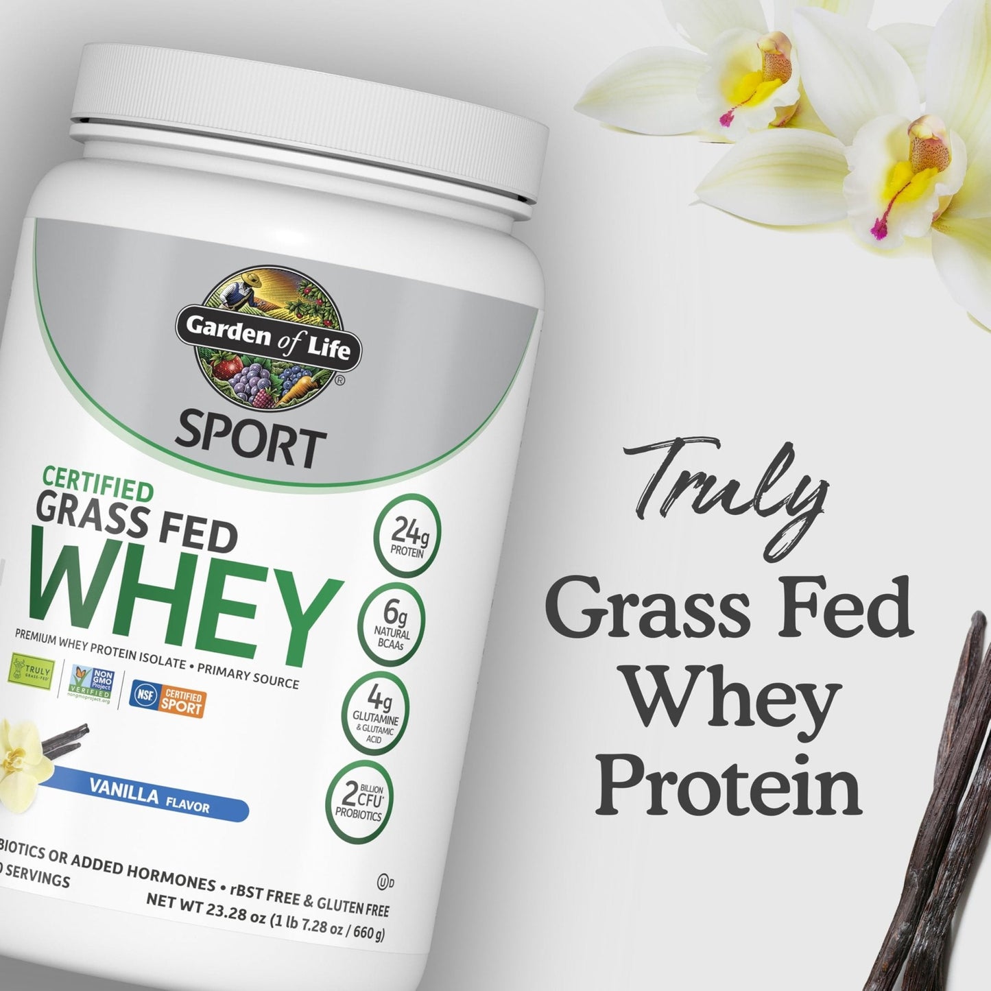 Garden of Life Sport Grass Fed Whey Protein Powder – 24g Whey Protein Isolate for Women & Men with Probiotics & Glutamine, Non-GMO, Gluten-Free, Cold-Processed, Vanilla Flavor, 20 Servings - Maple Wellness Supplements