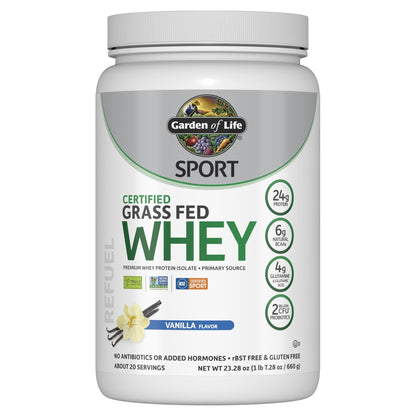 Garden of Life Sport Grass Fed Whey Protein Powder – 24g Whey Protein Isolate for Women & Men with Probiotics & Glutamine, Non-GMO, Gluten-Free, Cold-Processed, Vanilla Flavor, 20 Servings - Maple Wellness Supplements
