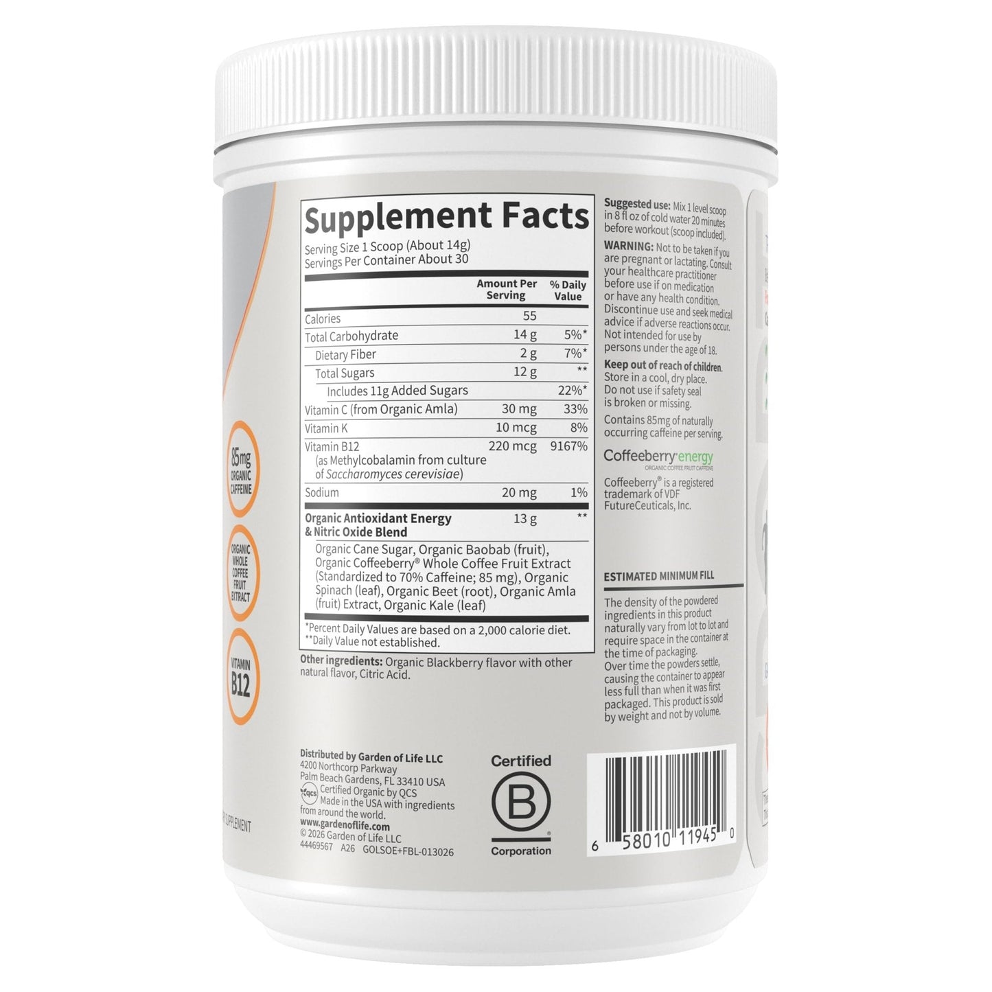 Garden of Life Sport Organic Plant Based Energy + Focus Clean Pre Workout Powder, with 85mg Caffeine, Natural No Booster, B12, Vegan, Gluten Free, Non-GMO, BlackBerry, 15.3 Oz - Maple Wellness Supplements