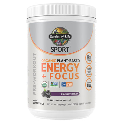 Garden of Life Sport Organic Plant Based Energy + Focus Clean Pre Workout Powder, with 85mg Caffeine, Natural No Booster, B12, Vegan, Gluten Free, Non-GMO, BlackBerry, 15.3 Oz - Maple Wellness Supplements