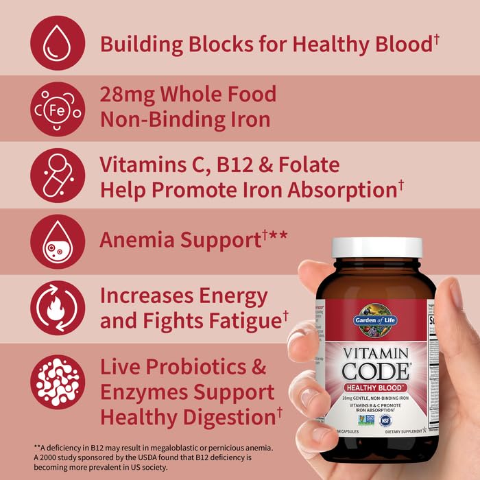 Garden of Life Vitamin Code Healthy Blood - Iron Supplement for Women, 60 Vegan Capsules, with Vitamins B, C, Trace Minerals - Maple Wellness Supplements