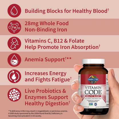 Garden of Life Vitamin Code Healthy Blood - Iron Supplement for Women, 60 Vegan Capsules, with Vitamins B, C, Trace Minerals - Maple Wellness Supplements