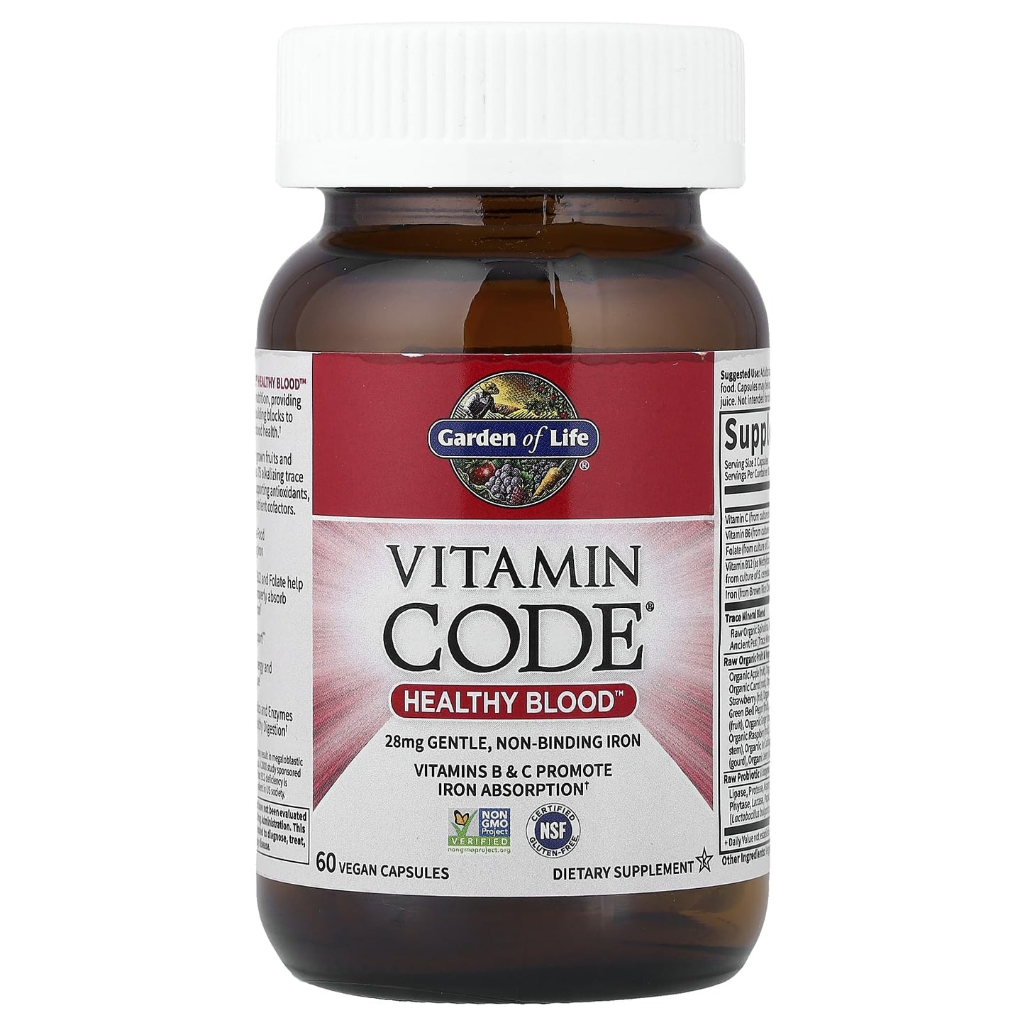 Garden of Life Vitamin Code Healthy Blood - Iron Supplement for Women, 60 Vegan Capsules, with Vitamins B, C, Trace Minerals - Maple Wellness Supplements