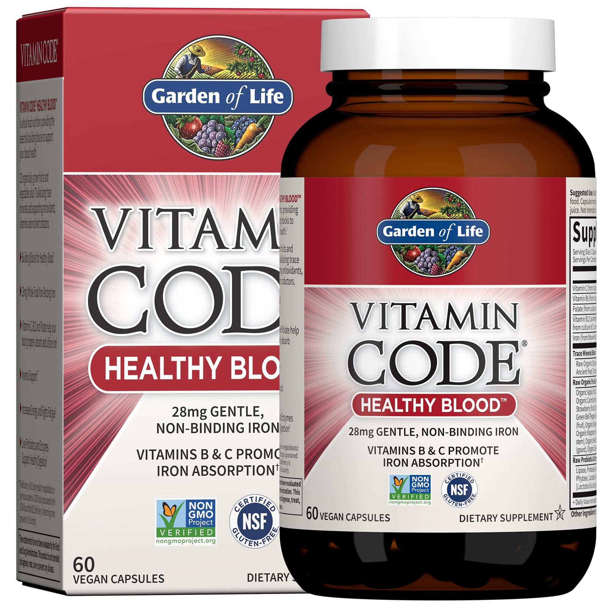 Garden of Life Vitamin Code Healthy Blood - Iron Supplement for Women, 60 Vegan Capsules, with Vitamins B, C, Trace Minerals - Maple Wellness Supplements