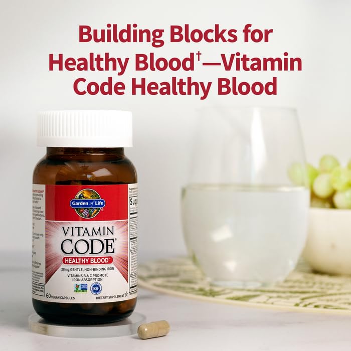 Garden of Life Vitamin Code Healthy Blood - Iron Supplement for Women, 60 Vegan Capsules, with Vitamins B, C, Trace Minerals - Maple Wellness Supplements