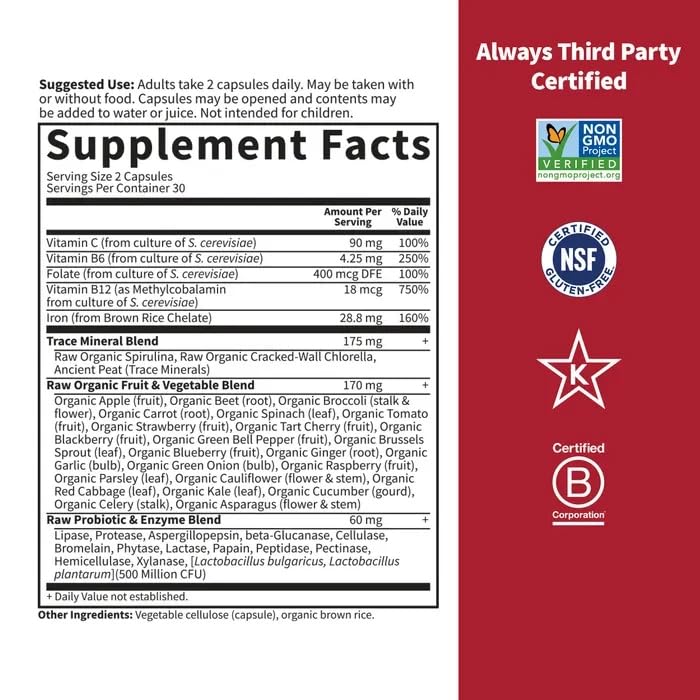 Garden of Life Vitamin Code Healthy Blood - Iron Supplement for Women, 60 Vegan Capsules, with Vitamins B, C, Trace Minerals - Maple Wellness Supplements