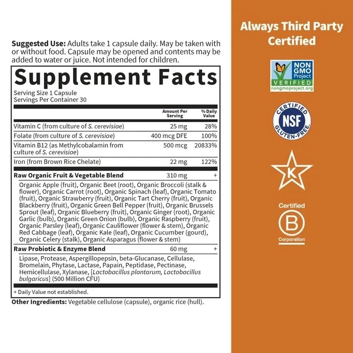 Garden of Life Vitamin Code Raw Iron Supplement - 30 Vegan Capsules, 22mg Once Daily Iron, Vitamins C, B12, Folate, Fruit, Veggies & Probiotics, Iron Supplements for Women - Maple Wellness Supplements