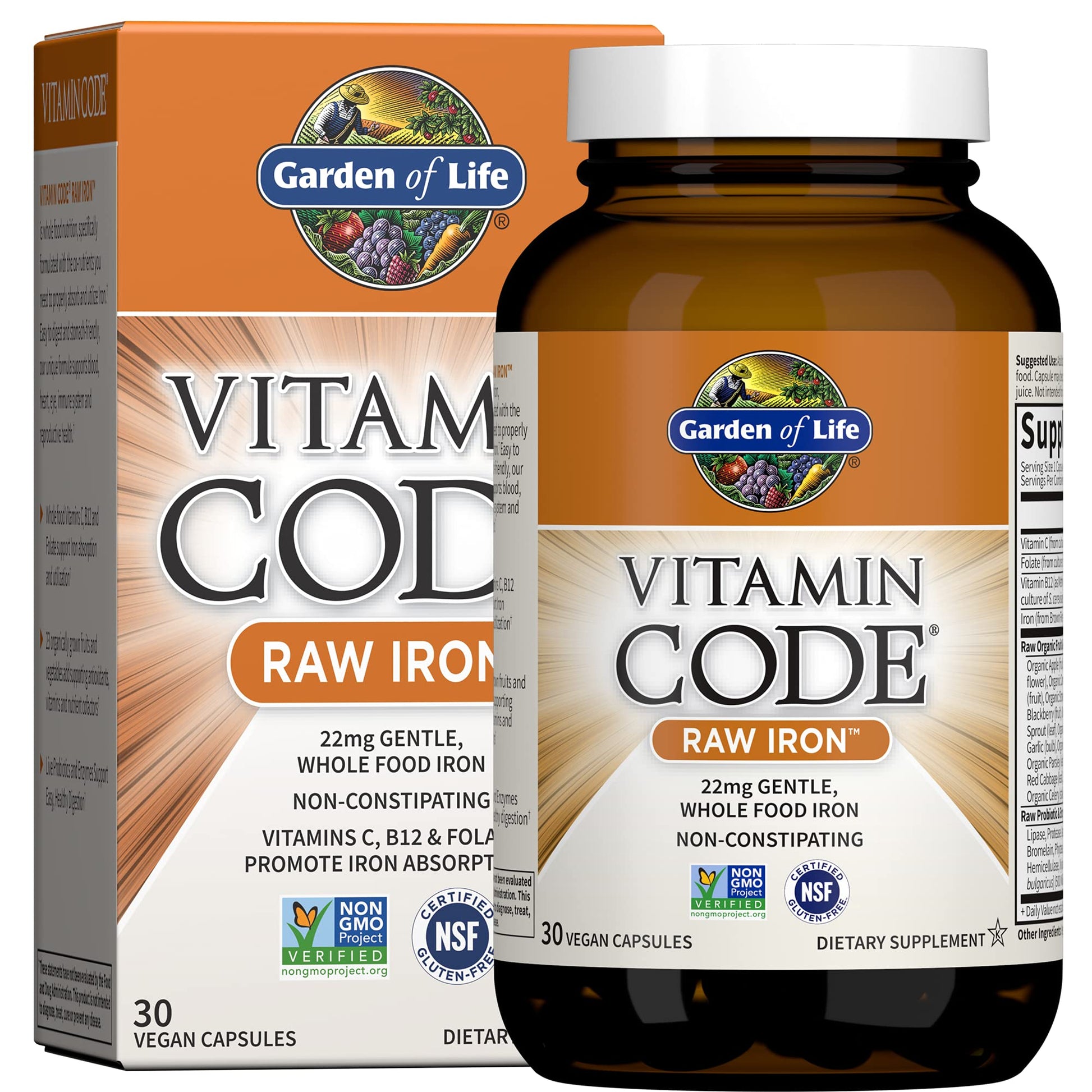 Garden of Life Vitamin Code Raw Iron Supplement - 30 Vegan Capsules, 22mg Once Daily Iron, Vitamins C, B12, Folate, Fruit, Veggies & Probiotics, Iron Supplements for Women - Maple Wellness Supplements